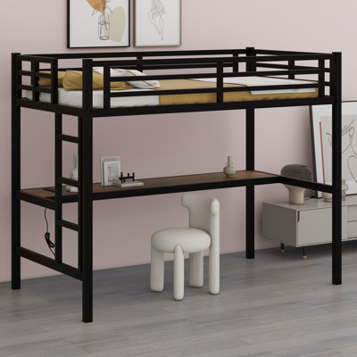 Metal Loft Bed With Power Outlet And LED Lighted, Space-Saving