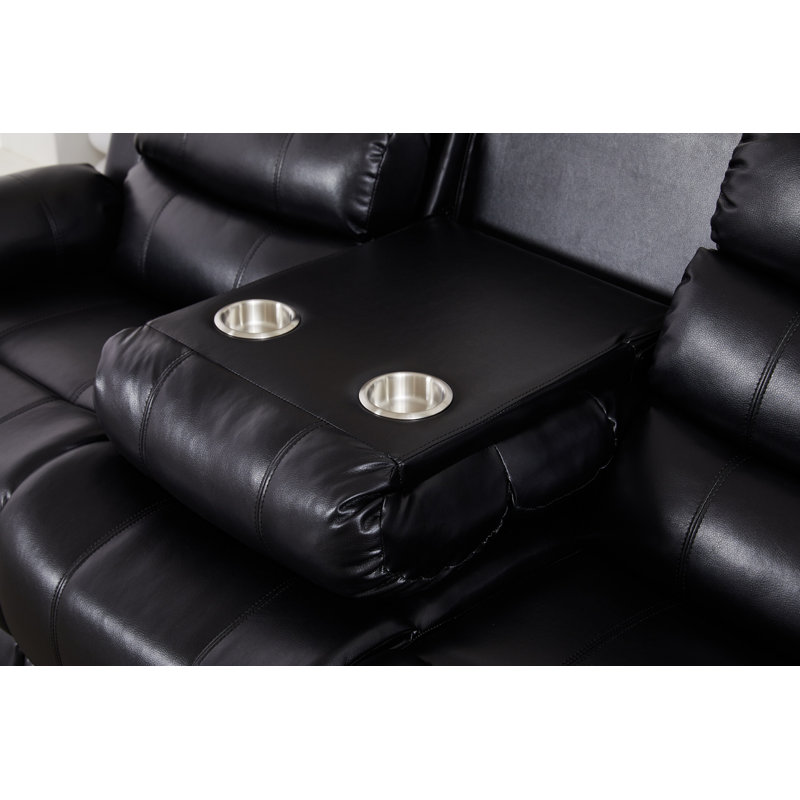 Faux Leather Manual Reclining Sofa with LED Lights With Drop Down Table, Black