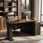 Bureau assis-debout en L noir/noyer de 140 cm (55 po) de large avec armoire de rangement et réglage en hauteur.