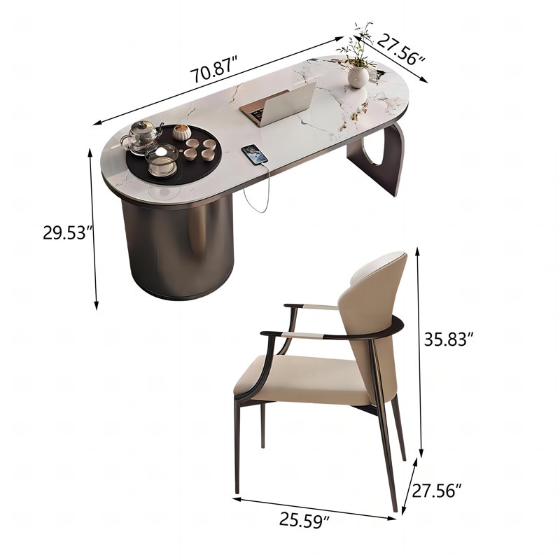 70.87"Minimalist Sintered Stone Office Desk and Chair Set, 29.92" H x 70.87" W x 27.56" D