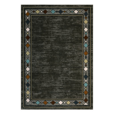 Modern Machine Washable Rugs Bordered Design Non-Slip Low Pile Rubber Backing Indoor Area Rug for Living Room Bedroom Kitchen Dining Room