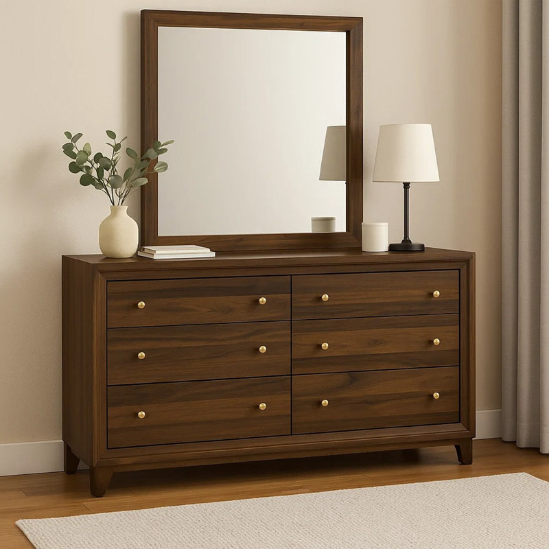 Commode large Yels avec miroir assorti, 6 tiroirs, bois brun noyer