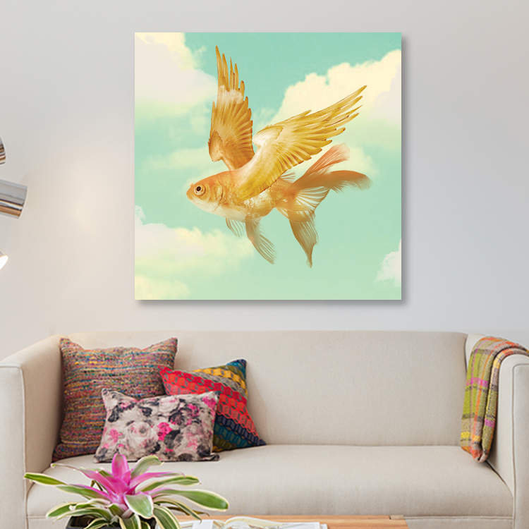 « flying un poisson rouge » par vin zzep, impression sur toile tendue, H 18 po x l 18 po x P 1,5 po, Toile avec cadre noir