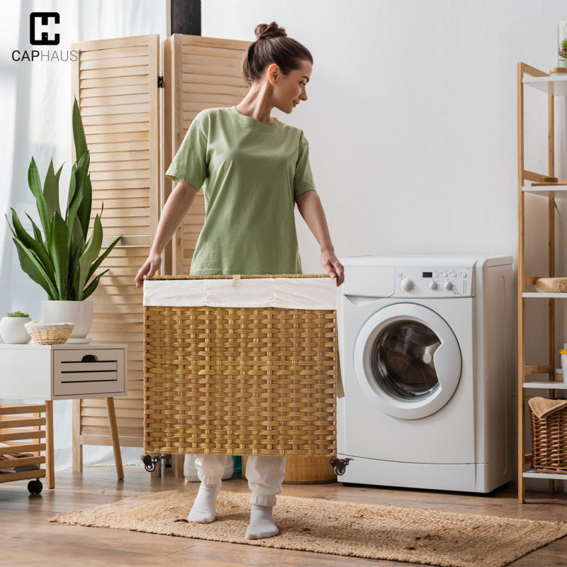 Natural Rattan 160L Laundry Hamper with Wheels and Lid