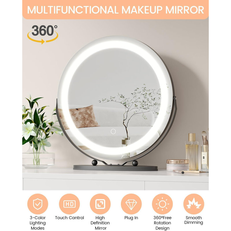 Vanity Mirror with Led Lights, 19 Inches Touch Control 3 Color 2024 New Dimmable Makeup Mirror, 360°Rotation Round Desk Mirror