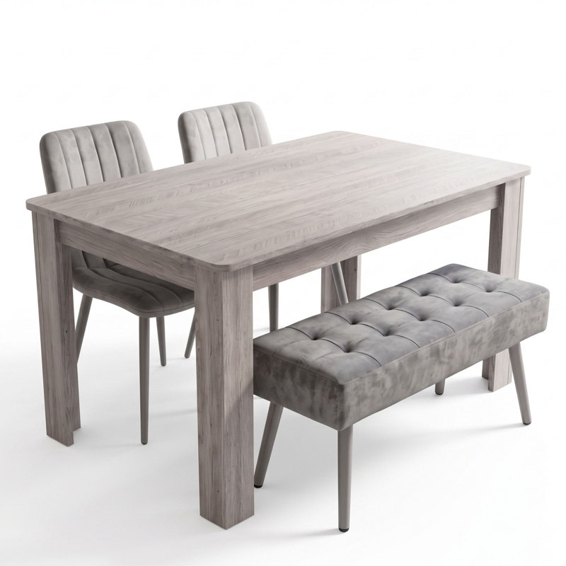 Modern Arrow Grey Dining Table Set with 2 Grey Velvet Chairs and Grey Velvet Bench 4 Seater