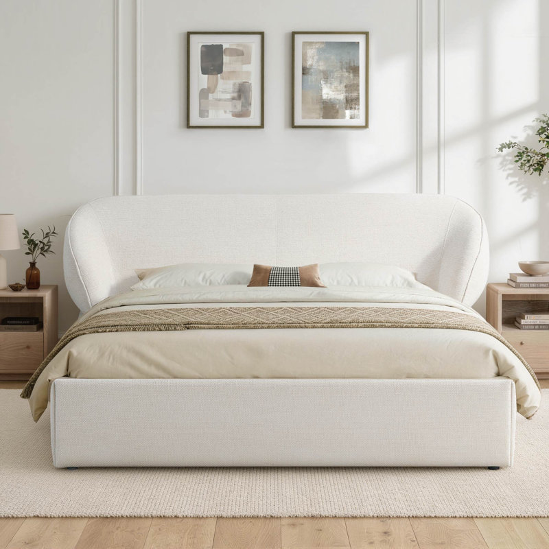 Woodcroft Cloud Comfort Modern Upholstered Wingback Platform Bed with Waterproof Waffle-Weave Chenille, Queen