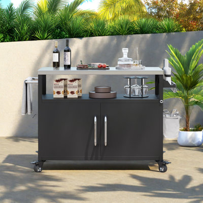 Outdoor Kitchen Island With Stainless Steel Tabletop, Storage Cabinets, Adjustable Shelves, Spice Rack And Towel Rack,  4 Lockable Wheels