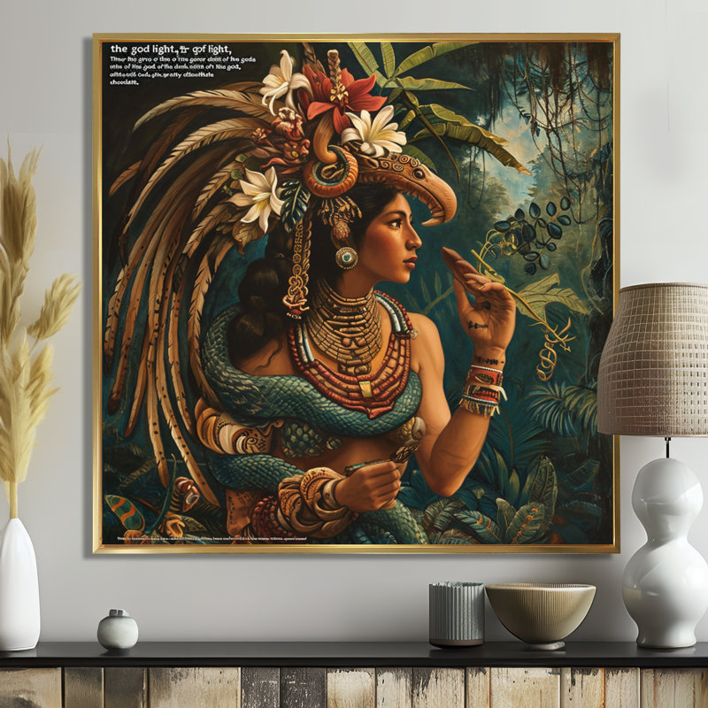 Quetzalcoatl, dieu mexicain du chocolat, Toile avec cadre flottant or, H 36 po x l 36 po x P 1,5 po
