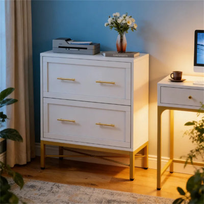 Classeur latéral blanc à 2 tiroirs avec pieds en métal doré, support d'imprimante mobile avec système de verrouillage anti-basculement, classeur pour bureau personnel