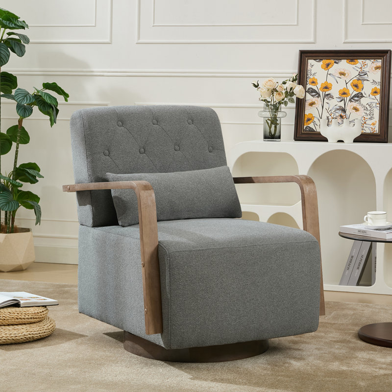 Solid Wood Upholstered Swivel Armchair, Dark Gray