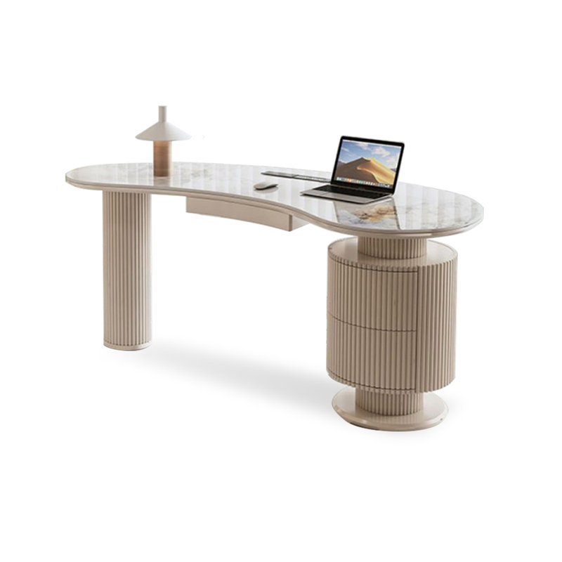 Bureau courbé en cristal fritté + bois manufacturé avec 3 tiroirs, H 29,56 po x l 62,99 po x P 27,56 po, Retour à droite