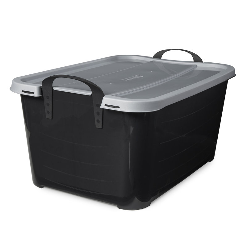 55 Quart Black and Gray Stackable Plastic Storage Bins with Snap Lids, 18 Pack