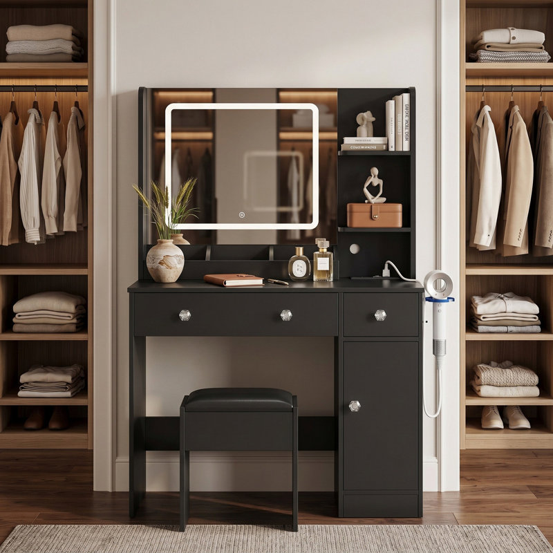 Makeup Vanity Dressing Table with Lighted Mirror & Power Outlet Charging Station, 3-Color Lighting, Drawers & Storage Cabinet