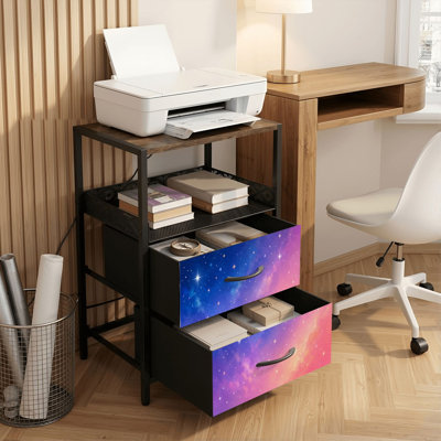 Table de chevet 2 tiroirs avec station de charge, table de chevet pour chambre à coucher avec ports USB, tablette ouverte noire, table de chevet avec imprimé abstrait Starry Gradient