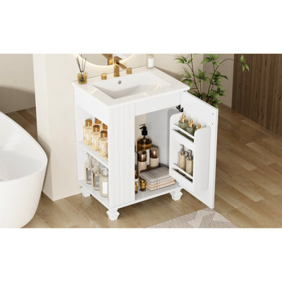 Meuble-lavabo rétro classique de 61 cm (24 po) avec lavabo en céramique lisse, structure en bois massif, porte à fermeture amortie, rangement latéral, étagères à 2 niveaux, trous prépercés pour la robinetterie, trop-plein fini, autoportant