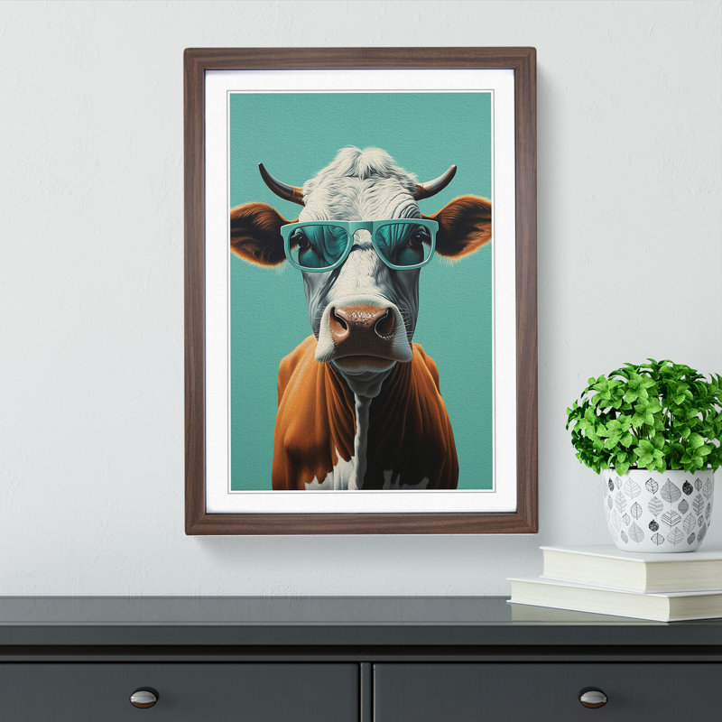 Cow With Glasses Painting Framed Print, 46cm H x 34cm W, Walnut Framed