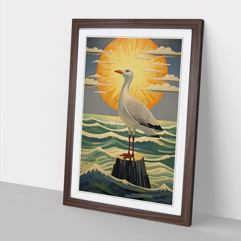 Seagull Art Deco No.2 - Single Picture Frame Print on Wood, 34cm H x 25cm W x 2cm D, Walnut