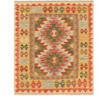 Tapis de zone en laine vert/brun/beige 3 pi 2 po x 3 pi 8 po one-of-kind à la main noué la Doorfield
