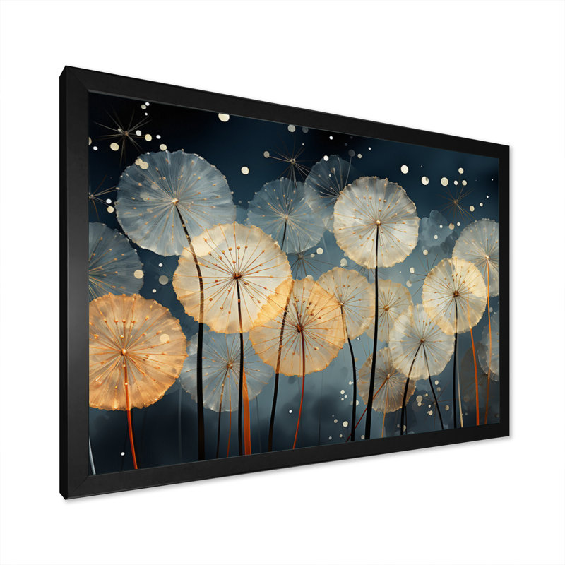 Blanc sarcelle pissenlit symphonie II - art mural pissenlit pour le salon, H 16 po x l 32 po x P 1 po, Cadre simple noir