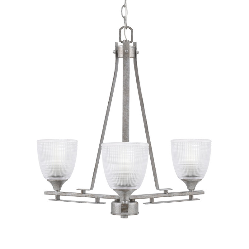 Uptowne 3 Light Uplight Chandelier Shown In Aged Silver Finish With 5" Clear Ribbed Glass