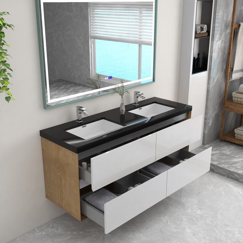 Smariti 60" Wall-Mounted Double Bathroom Vanity Set, Glossy White