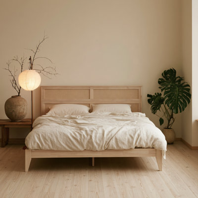 Solid Rubber Wood Bed Frame with Rattan Headboard, Heavy Duty Platform Bed with Enhanced Support Legs, Natural Finish, No Box Spring Needed - Available in Full, Queen, King