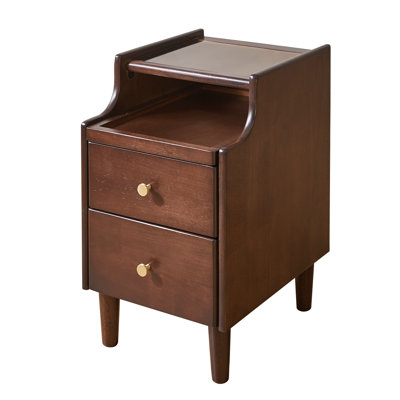Retro Solid Wood Nightstand with Two Drawers and Pull-out Panel Storage Bedside Table For Bedroom Living Room Sofa Side Table