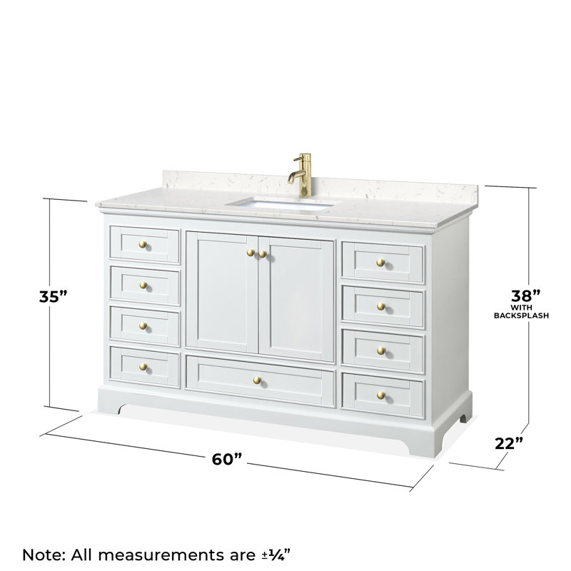 Ensemble de meuble-lavabo simple 60 "avec miroir Deborah, Marbre de culture de Carrare, Blanc/or brossé