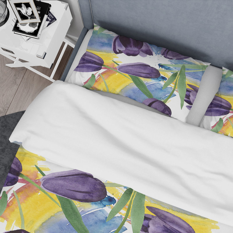 Mauve fleur et feuille - ensemble de housse de couette floral - polyester microfibre