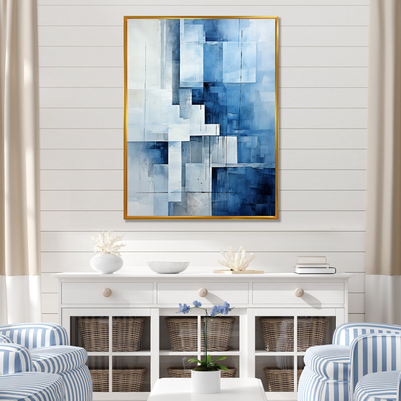 Collage bleu géométrique nautique - art minimaliste côtier, Cadre flottant doré, H 44 po x l 34 po x P 1,5 po
