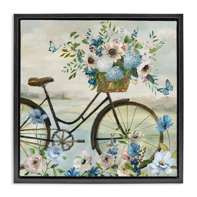 Art floral encadré sur toile flottante par bicyclette et papillons