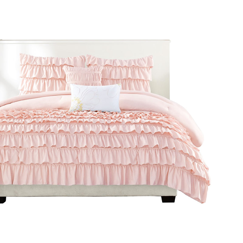 Blush Comforter With Ruffled Bottom Half And Fill Edge, Twin Comforter + 4 Additional Pieces