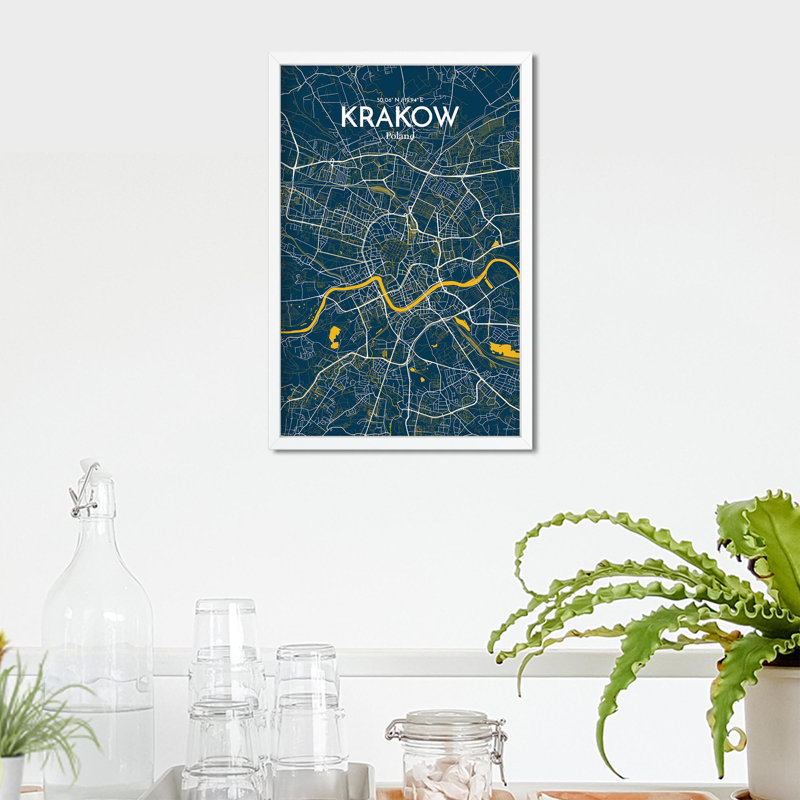 «Krakow City Map», impression de luxe, H 17 po x l 11 po, Bleu / jaune