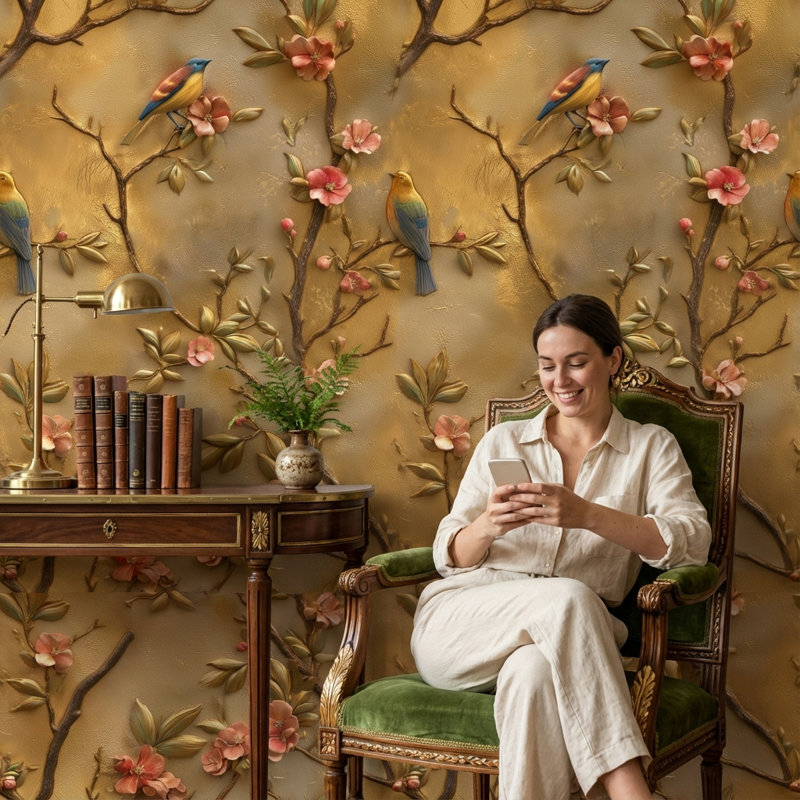 Papier peint floral oiseaux
