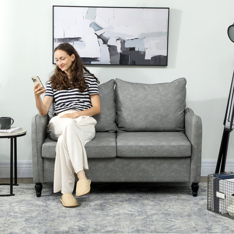 HOMCOM 2 Seater Sofa Modern Small Sofa with Solid Wood Legs Bedroom Brown, Grey