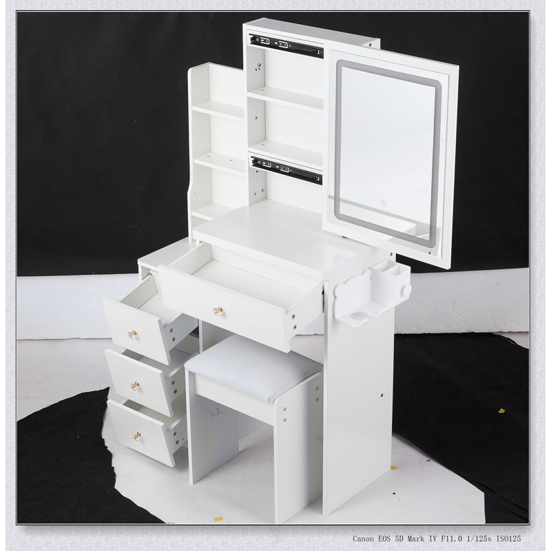 Compact Vanity Table Set With LED Mirror, Power Station, Hair Dryer Bracket, And Padded Stool For Small Bedrooms, White