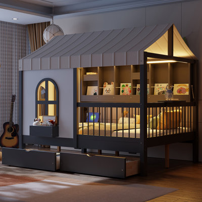 Full Size Kids House Bed with 2 Large Storage Drawers, Side Bookshelf & LED Lights, Walnut by Ebern Designs