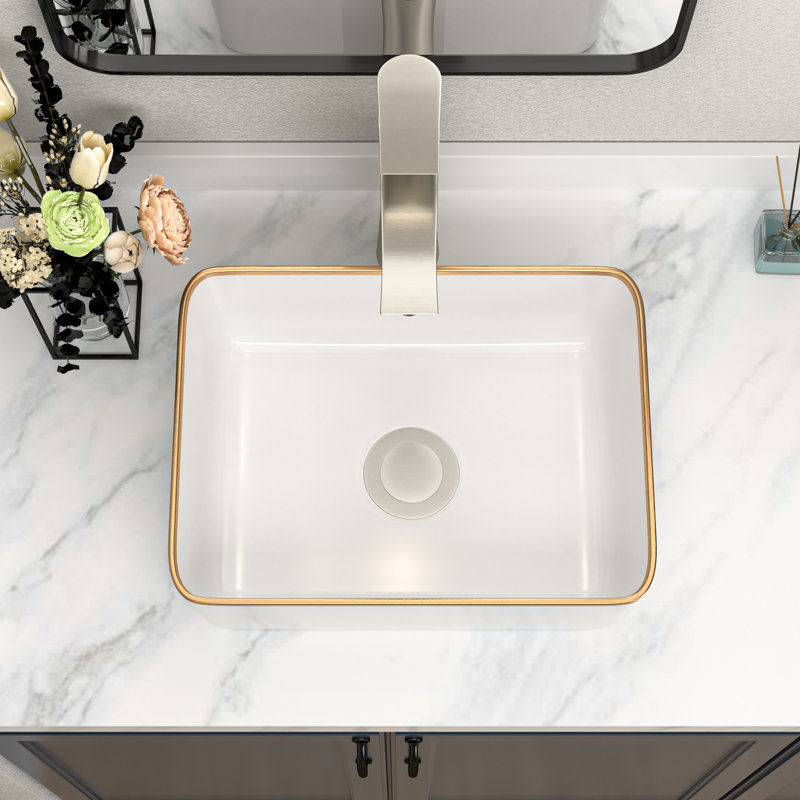 16 x 12 Inch White Ceramic Rectangular Vessel Sink with Gold Rim