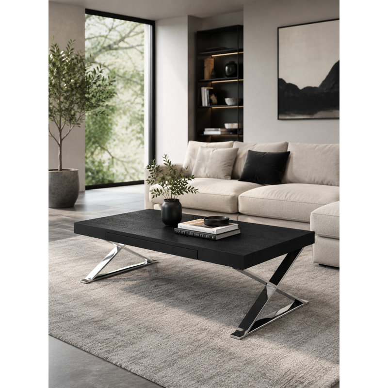Pangea Home Alexa Cross Legs Modern Coffee Table with Storage - High Gloss or Wood Veneer Rectangular Coffee Table with Steel Metal Legs, Contemporary Living Room Centerpiece - Black Coffee Table