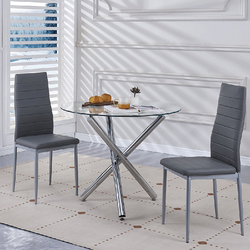 Ensemble de salle à manger rond 3 pièces, ensemble de 2 chaises de table pour la cuisine et la salle à manger, coin repas, plateau de table en verre, argent / gris ardoise