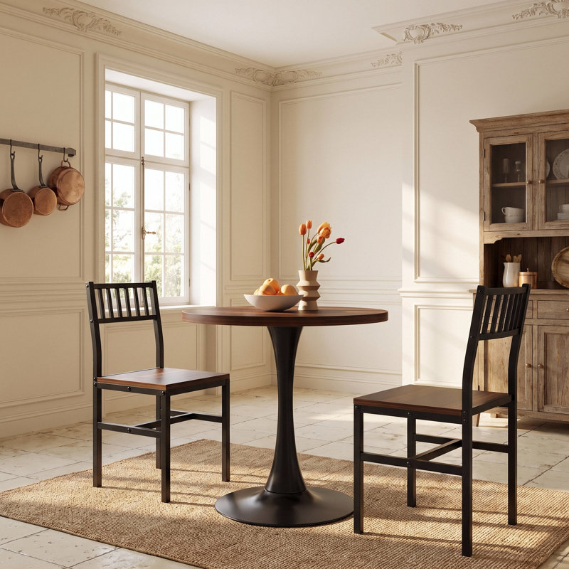 3-Piece Round Dining Table Set, Industrial Style Small Kitchen Table And Chairs For 2, Walnut