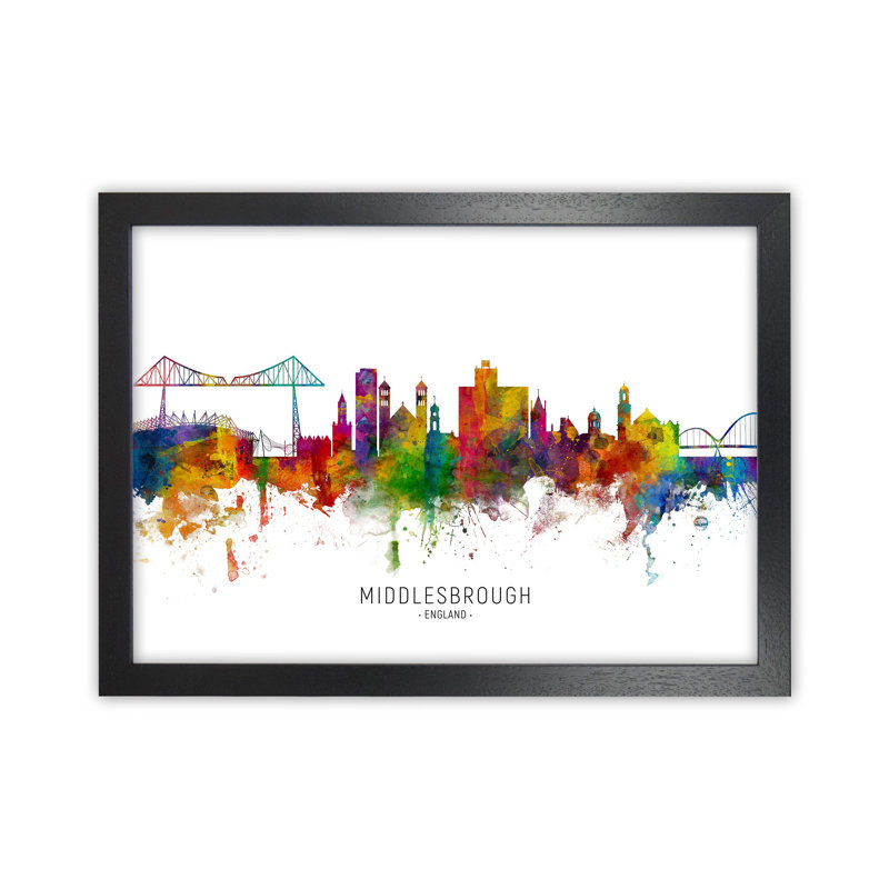 Middlesbrough England Skyline by Michael Tompsett - Print, 46cm H x 63cm W x 3cm D, Black Framed