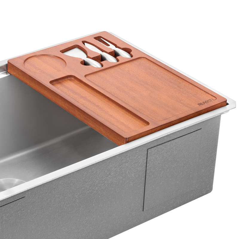 Ruvati LedgeFit Charcuterie Cheese Board Serving Tray Workstation Accessory on Sink Mahogany Wood