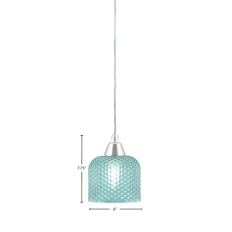 Mini-luminaire suspendu tout verre avec verre texturé de 6 po, Bleu sarcelle, Chrome, Bleu sarcelle
