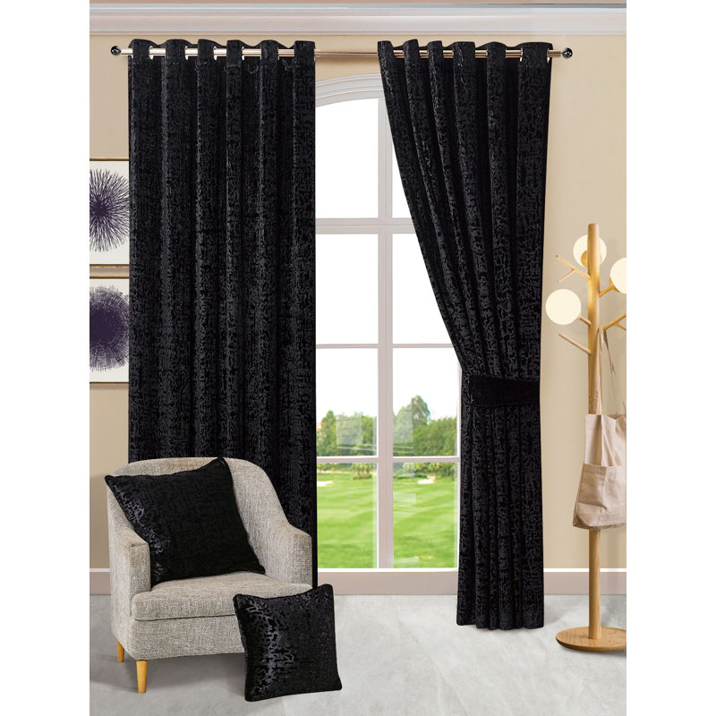 Rilya Velvet Semi Sheer Curtain Pair, Black, 46cm Width x 54cm Drop