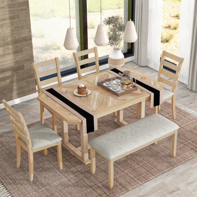 Ensemble de table de salle à manger 6 pièces en bois d'hévéa avec un beau grain de bois, un placage massif et des chaises rembourrées confortables pour des repas élégants