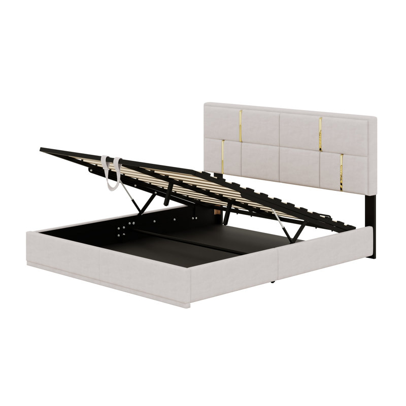 Lit plateforme tapissier avec système de rangement hydraulique, Beige