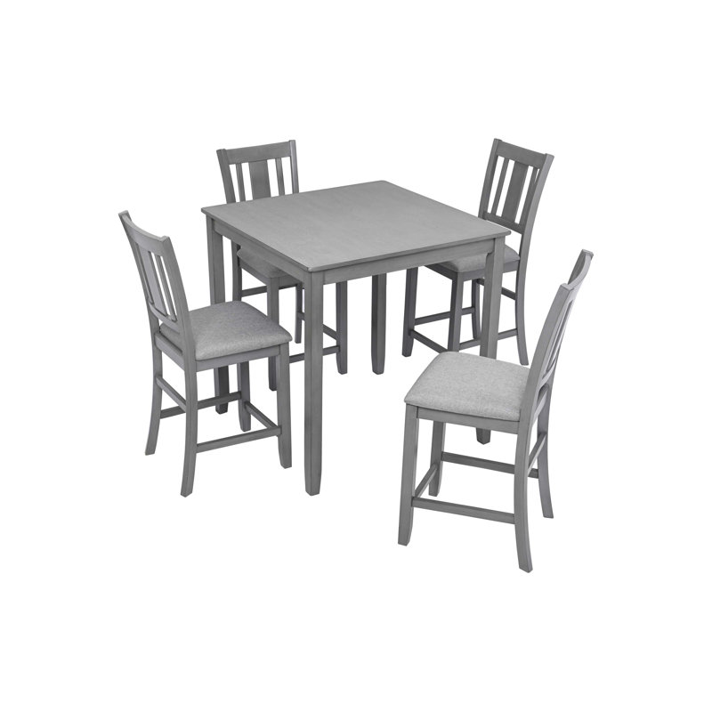 5 Piece Dining Table Set, Wooden Dining Square Table Set for 4, Counter Height Kitchen Table Set with Square Table and 4 Upholstered Chairs for Small Space, Grey