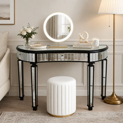 Console demi-lune à miroir avec tiroir en verre cannelé et poignée en cristal - Bureau de meuble-lavabo d'entrée argenté pour chambre / vestiaire